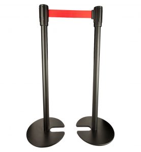black stackable stanchions with red belt